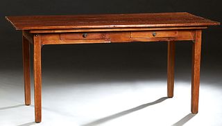 Louisiana Carved Cypress Farmhouse Table, 19th c., the three board top over a wide skirt with two frieze drawers on one long side, on square tapered l
