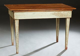 Louisiana Cypress Kitchen Table, 19th c., the four board top over a wide skirt, on tapered square legs, the skirt and legs in white paint, H.- 31 5/8 