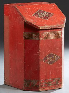 Wooden Coffee Bin, early 20th c., from the A & P store in the French Quarter, New Orleans, on Royal and St. Peter St., with a slanted hinged lid, in o