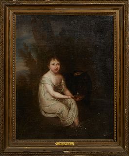 Attributed to Andries Cornelis Lens (1739-1822, Flemish), "Portrait of a Child," 18th c., oil on canvas, presented in a gilt frame with an artist plaq