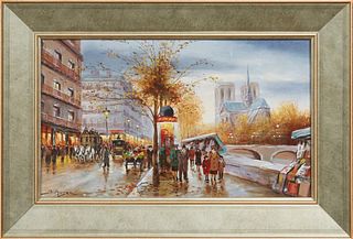 Johan Meyer (1918-2005, Dutch), "Paris Street Scene," 20th c., oil on panel, signed lower left, presented in a wide gilt frame, H.- 6 3/4 in., W.- 11 