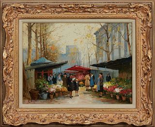 Louis Basset (1948-, French), "Paris Flower Market," 20th c., oil on panel, signed lower left, presented in a gilt and gesso frame with a linen liner,