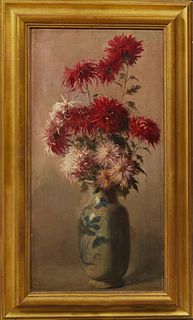Elizabeth Jane Binns (British), "Still Life of Chrysanthemums in a Pottery Vase," early 20th c., signed lower right, presented in a stepped gilt frame