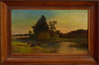 C. Martin, "Cows in a Field," 1897, oil on canvas, signed and dated lower right, presented in a gilt frame, H.- 11 in., W.- 19 1/4 in., Framed H.- 16 