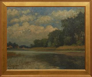 Louis Beitmeyer, "Lake Landscape," 20th c., oil on panel, signed lower left, presented in a gilt frame, H.- 15 1/4 in., W.- 19 in.