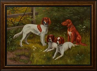 Anton Karssen (1945-, Dutch), "Four Dogs Relaxing in the Grass," 20th c., oil on canvas, signed lower right, presented in a wood grained frame, H.- 19