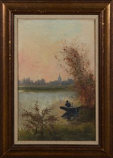 German School, "Fisherman in a Boat," early 20th c., oil on canvas, initialed 'C.R.' lower right, presented in a gilt frame with a linen mat, H.- 15 1