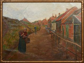 Eduard Koster (1883-1910, French), "View of a Village Street," early 20th c., oil on canvas, signed lower left, presented in a gilt and gesso relief f