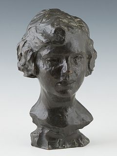 Waters, "Bust of a Girl," 1925, patinated bronze, signed and dated verso, with a Valsuani foundry stamp, H.- 10 1/4 in., W.- 5 3/4 in., D.- 5 3/4 in.