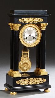 French Gilt Bronze Mounted Black Marble Portico Clock, c. 1870, the stepped top over a bronze mounted frieze above a time and strike drum clock with a