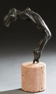 American School, "Nude Acrobat Bending Backward," 20th c., patinated bronze, unsigned, on a porous cylindrical pink stone base, Figure- H.- 9 1/4 in.,