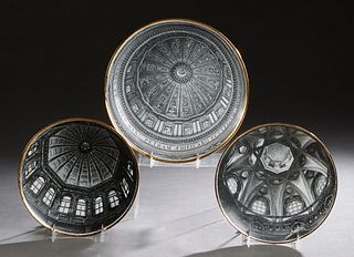 Piero Fornasetti (1913-1988, Italian), "Cupole d’Italia," c. 1960, three serigraphed circular porcelain plates, from the "Grande Piatto Serie," with g