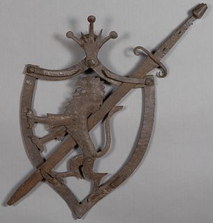 Wrought Iron Coat-of-Arms, 19th c., of shield shape with a crown surmount over focal Belgian lion and a single sword on the proper left side, H.- 29 i