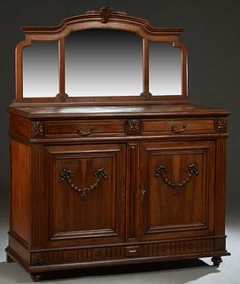 French Provincial Louis XVI Carved Walnut Sideboard, c. 1880, the arched three panel mirror back on a stepped base with two frieze drawers over double
