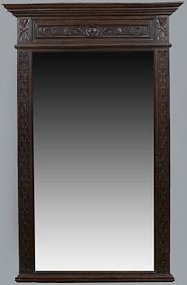 French Provincial Henri II Style Carved Oak Overmantle Mirror, c. 1880, the stepped crown over a shell carved frieze above a wide beveled plate within