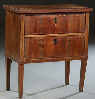 Diminutive Biedermeier Style Carved Inlaid Mahogany Chest, 19th c., the rectangular top over two deep drawers, on square tapered legs, H.- 31 1/4 in.,