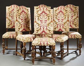 Set of Six French Provincial Carved Beech Side Chairs, early 20th c., the arched high upholstered back over a trapezoidal cushioned seat, on urn form 