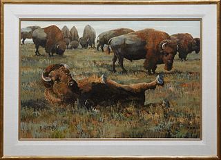 Diane Whitehead (1957-, American), "Buffalo," 20th c., oil on board, signed lower left, presented in an 'antiqued' gilt wooden frame, H.- 23 1/2 in., 