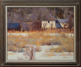 Ray Vinella (1913-2019, Italian/American), "Taos," 20th c., oil on canvas, signed lower right, presented in a rustic wooden frame, H.- 23 1/2 in., W.-