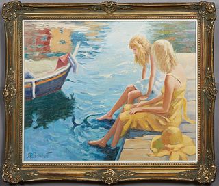 Rene Rambert (1901-1991, French), "Two Girls on a Dock," 20th c., oil on panel, signed lower left, presented in a gilt and gesso frame with a narrow w