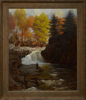 Lucien Abrams (1870-1941, American), "Fall Trees and Cascade with Man," 20th c., oil on canvas, signed lower left, presented in a cove molded frame, H