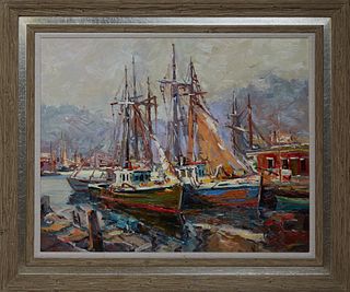 Edward Norton Ward (1928-, American), "Dockside Boats," 20th c., oil on canvas, signed lower left and en verso, presented in a rustic wooden frame, H.