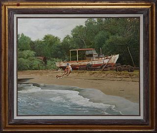 Vic Donahue (1918-2008, American), "Man with Boat and Dog at the Beach," 20th c., oil on canvas, signed lower right, presented in a wooden frame, H.- 