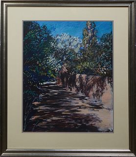 M. Muchmne (American), "Shadowy Pathway with Wall," 20th c., pastel on paper, signed lower right, presented in a silver cove molded frame, H.- 24 in.,
