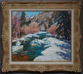 Alan Worton (1934-, American), "A Mountain River Stream with Snow," 1985, oil on canvas, signed and dated lower right, presented in a contemporary fra