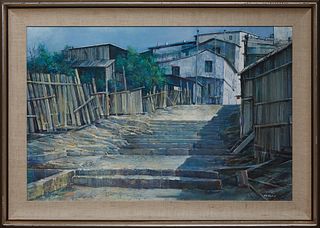 Paul August Kontny (1932-2002, Polish/American), "Guayaquil - Ecuador," 20th c., mixed media on masonite, signed lower right, presented in a silver le