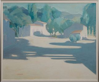 Lewis (American), "California Landscape with White House and Trees," 20th c., oil on canvas, signed lower left, presented in a silver metallic frame, 