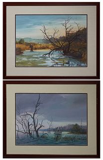Robinson (American), "Man Fishing in Stream by Dead Tree," and "Man Fishing in a Boat Next to Dead Tree," 20th c., two watercolors on paper, each sign