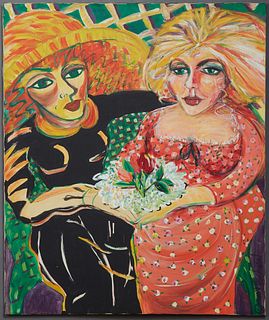 Andrea Pescheret (New Orleans), "Two Women with a Bouquet," 1986, oil on canvas, signed and dated vertically lower right, unframed, H.- 36 in., W.- 30