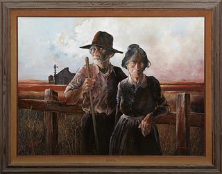 Frank Zamora (American), "Elizabeth and John," 20th c., acrylic on canvas, signed lower right, presented in a rustic molded wooden frame, H.- 43 1/4 i