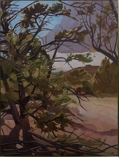Peter Ruta (1918-2016, American), "Landscape with Tree in Foreground," 20th c., oil on canvas, signed lower right, presented in a wooden exhibition fr