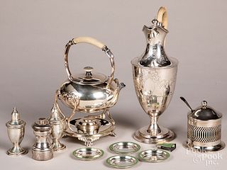 Three pieces of silver plated hollowware, etc.