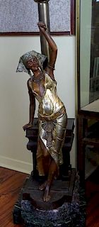 Vintage French Metal Egyptian Revival Figural 5 Light Floor Lamp. On stepped marble base.