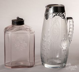 Silver overlay etched glass pitcher, etc.