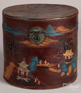 China Trade painted leather hat box