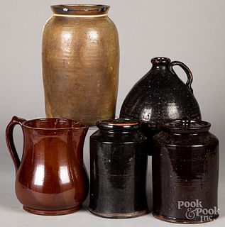 Five pieces of redware and stoneware