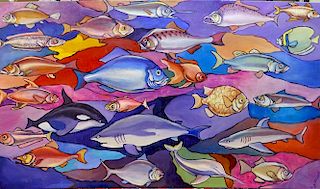 Beso Ginturi, Georgian (20th C) Oil on canvas "Sea of Fish"