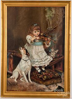 Oil on canvas portrait of a young girl and dog