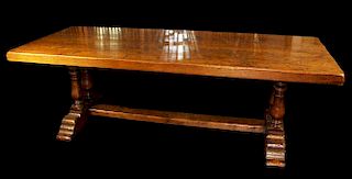Mid to Late 20th Century French Louis XIII style large and massive oak trestle table.