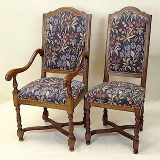 Set of Eight (8) Mid to Late 20th Century French Louis XIII style Beechwood Dining Chairs with Tapestry Upholstery including two (2) armchairs and six