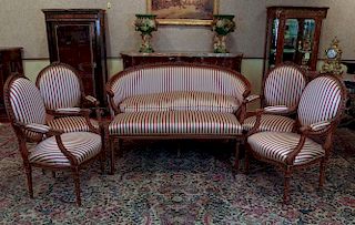 Six (6) piece Vintage Louis XVI style Carved Beechwood Salon Set including: Canapé, Four (4) Fauteuils and a Bench.