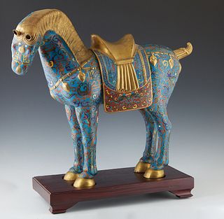 Oriental Cloisonne on Bronze Tang Style Horse, 20th c., on a custom carved mahogany stand, H.- 19 in., W.- 8 in., D.- 21 in.