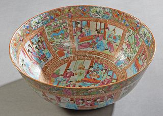 Chinese Famille Rose Porcelain Punch Bowl, 19th c., the inside with bird, floral and interior figural scene decoration, the exterior with panel decora