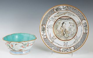 Two Chinese Circular Porcelain Bowls, 19th c., one scalloped with fruit and stork painted decoration and a green interior; the second with interior fi