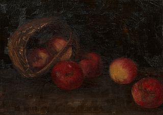 French School, "Still Life with Apples and Basket," 19th c., oil on canvas, presented in a gilt frame, H.- 12 1/4 in., W.- 17 1/4 in., Frame H.- 16 1/
