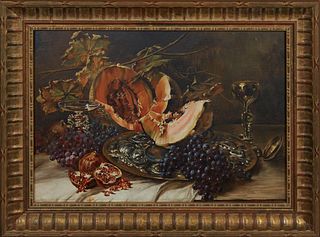 Otto Eberle (German/American), "Still Life with Fruit," 1923, oil on board, signed and dated lower right corner, presented in a gilt frame, H.- 11 in.